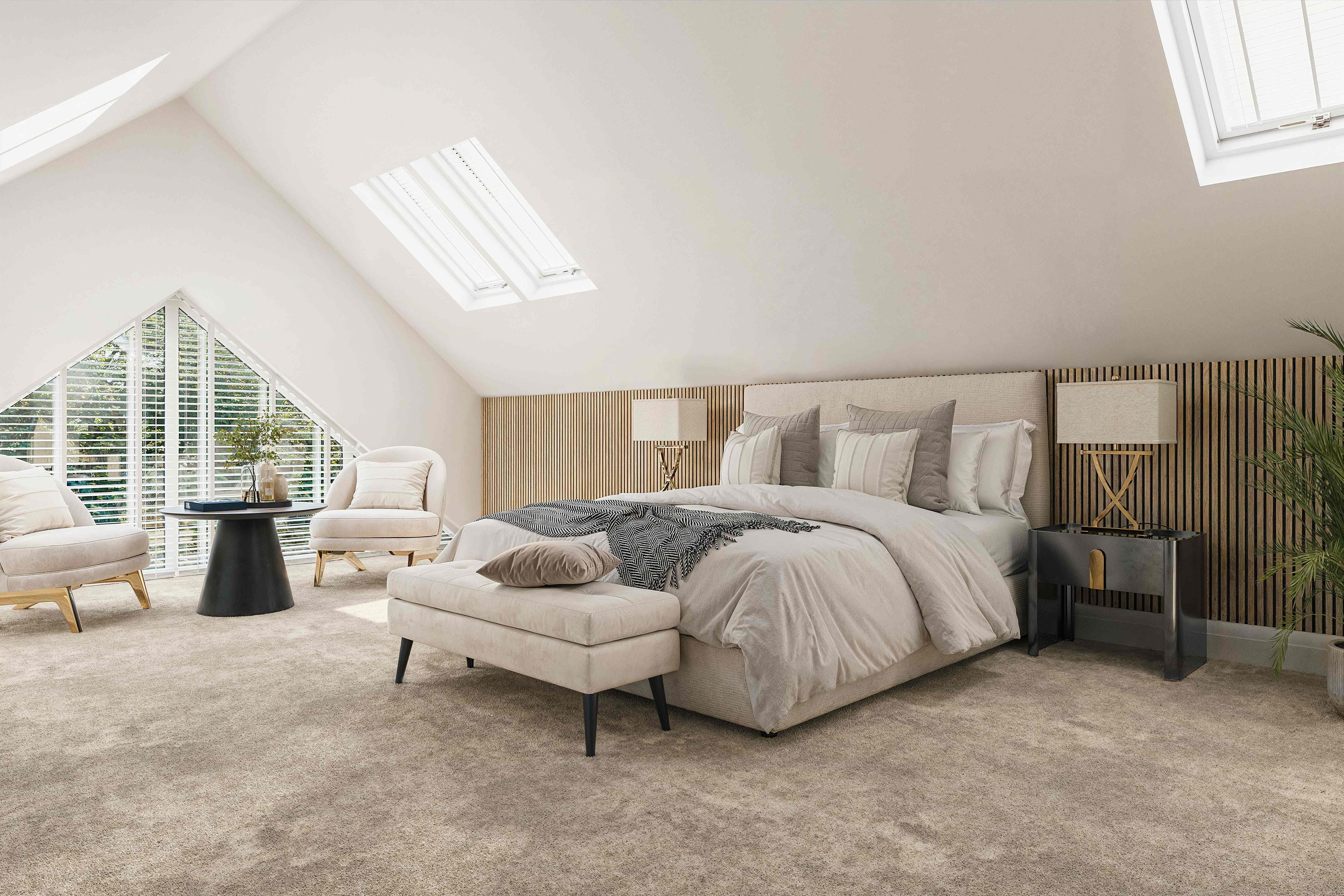 Vaulted master bedroom with oak slatted feature wall